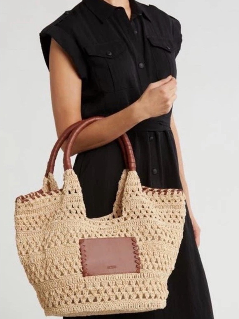 BCBGMaxAzria Natural Crochet Tote with Brown Leather Handles